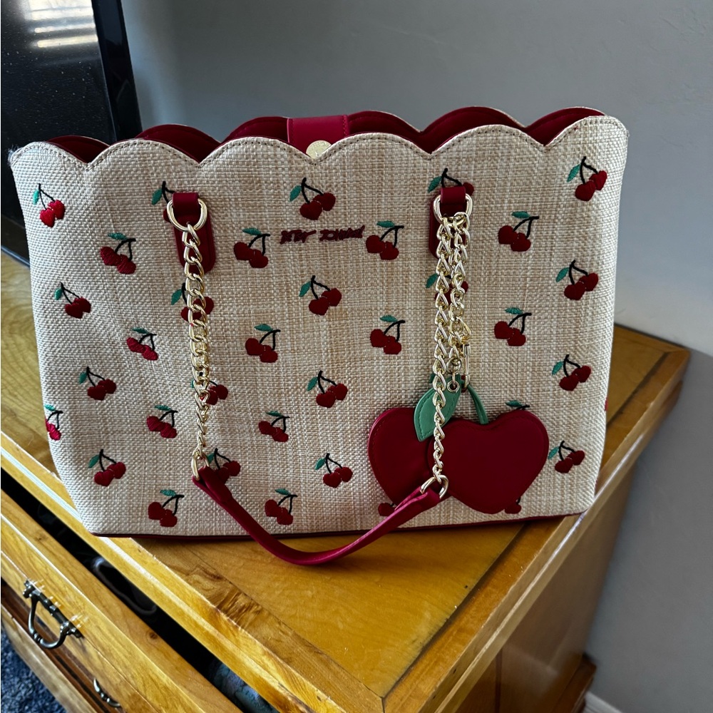 Betsey Johnson Beige Cherry Tote with Red Accents